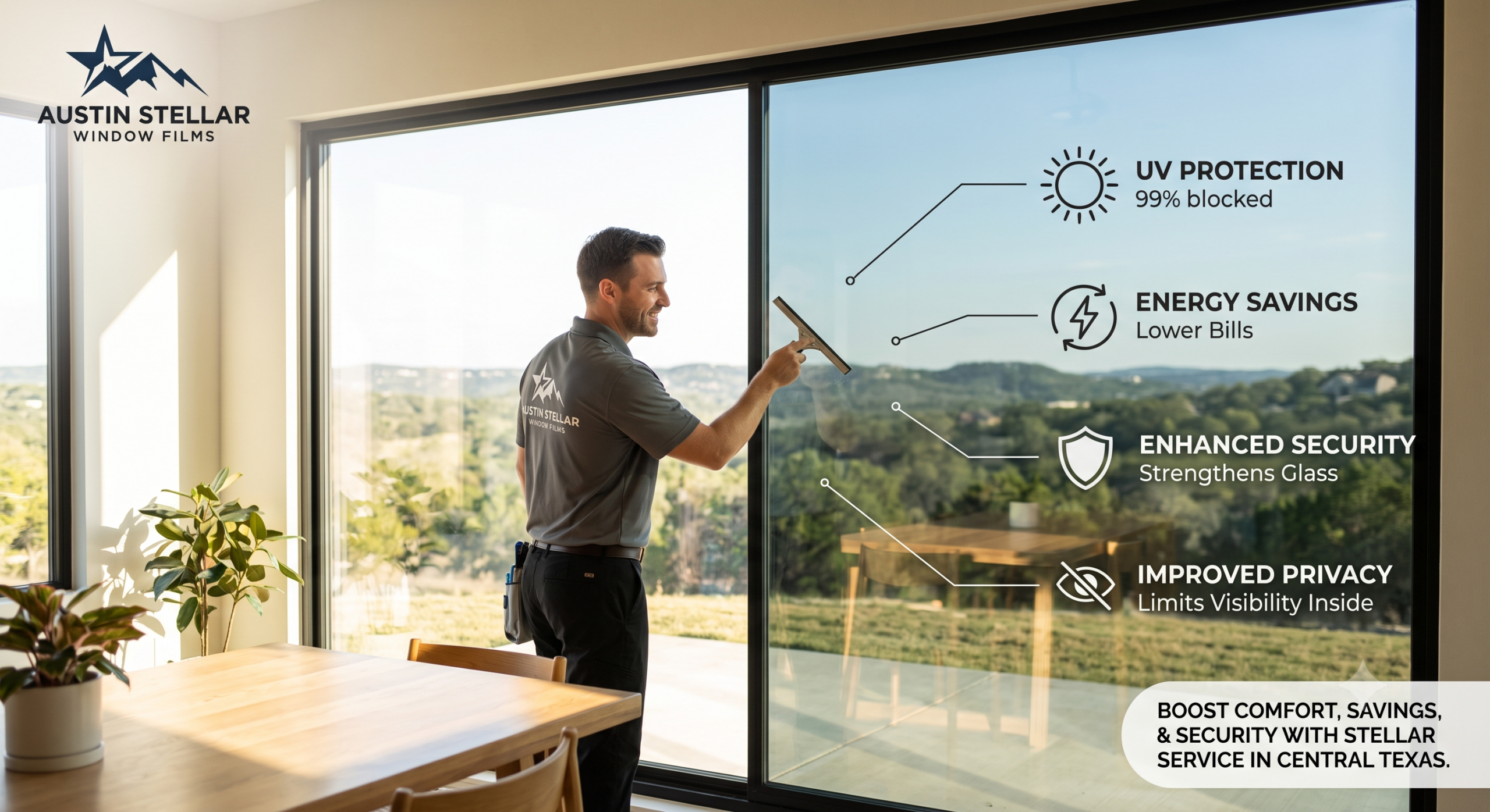modern property with a professional Austin Stellar technician applying window film, highlighting the instant contrast of reduced glare and enhanced privacy