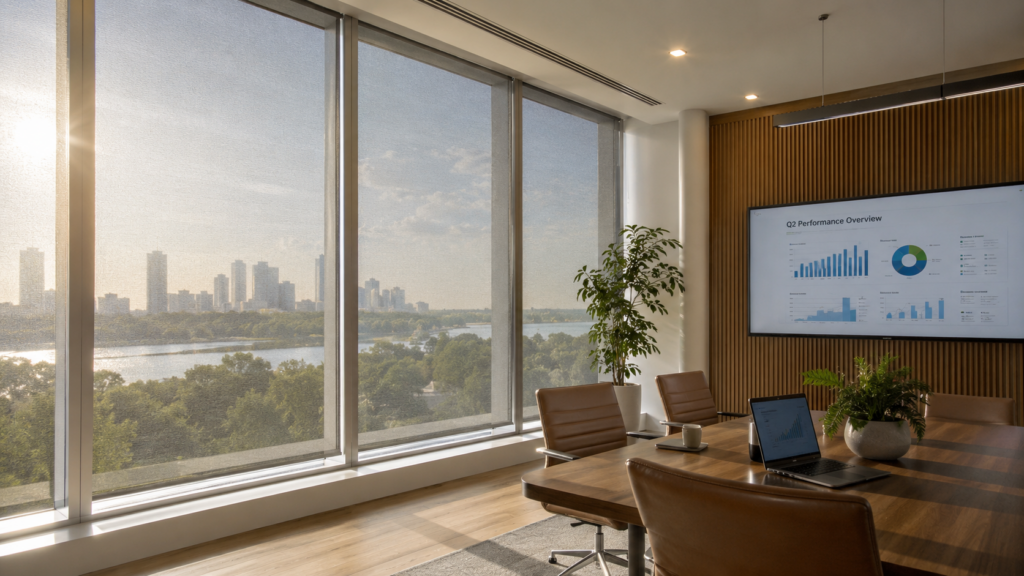 Glare reduction window film on a sunny Austin home office window